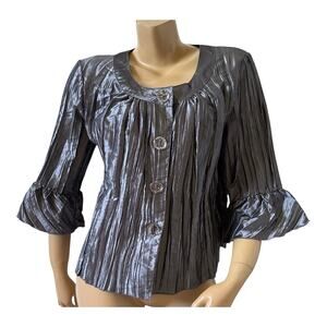 HARVE BENARD Womens Size Large Silver 3/4 Bell Sleeve Button Front Crinkle Shirt